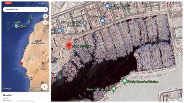 A la izquierda, el inicio del vídeo. A la derecha, un captura de Google Maps en el que se ven las barcas pesqueras del puerto artesanal de Nuadibú (Mauritania).