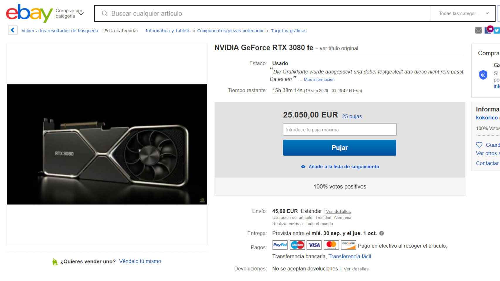 Una subasta en eBay de la nueva RTX 3080 de Nvidia
