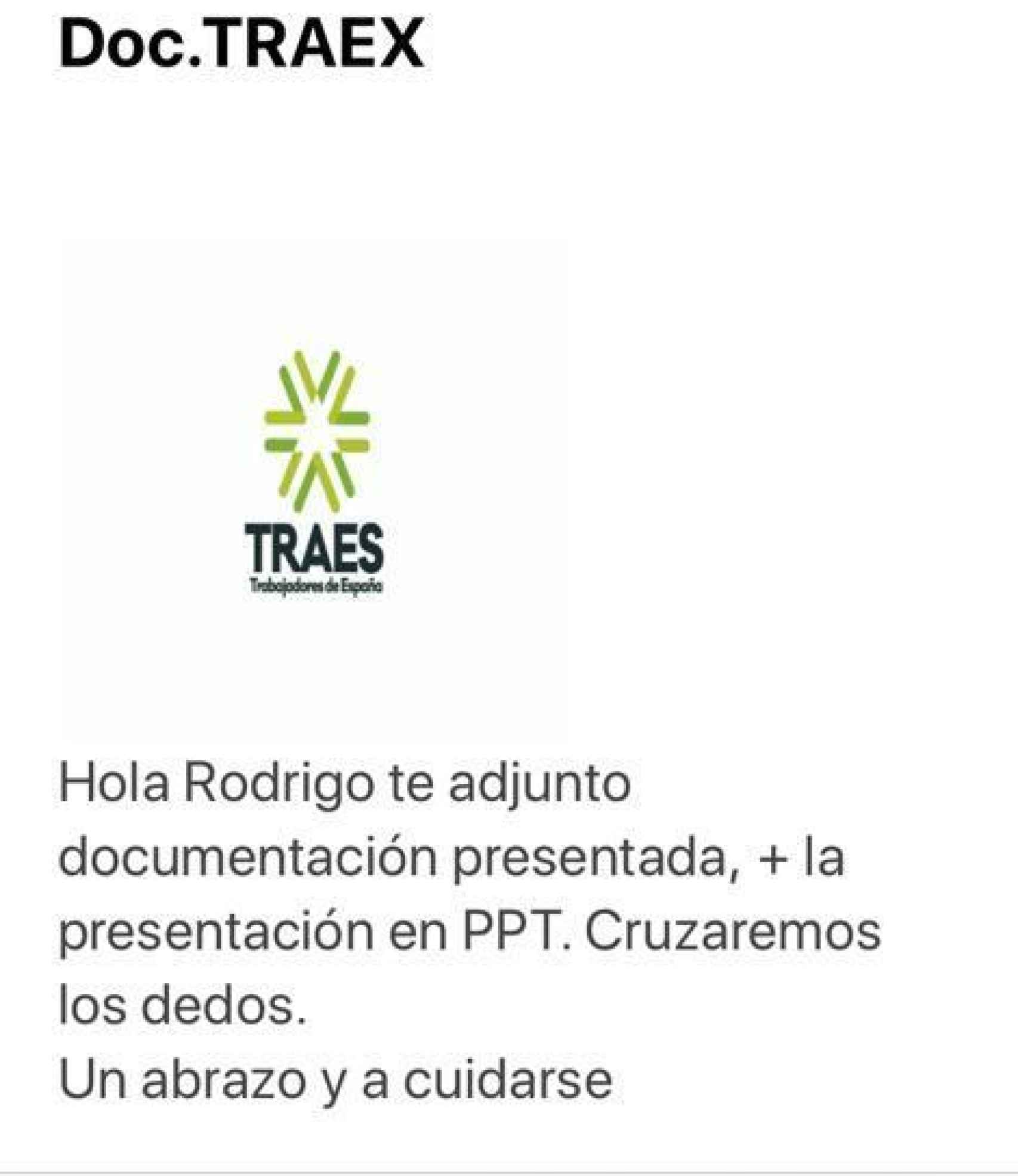 El correo electrónico que los tres impulsores en Almería del sindicato Trabajadores de España enviaron a Rodrigo Alonso con toda la documentación del proyecto.