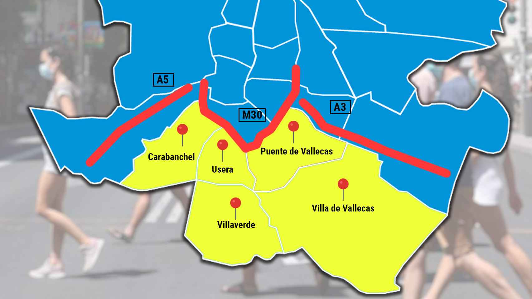 Mapa de Madrid donde se ven los distritos al sur de la M-30 afectados con las medidas de la Comunidad,