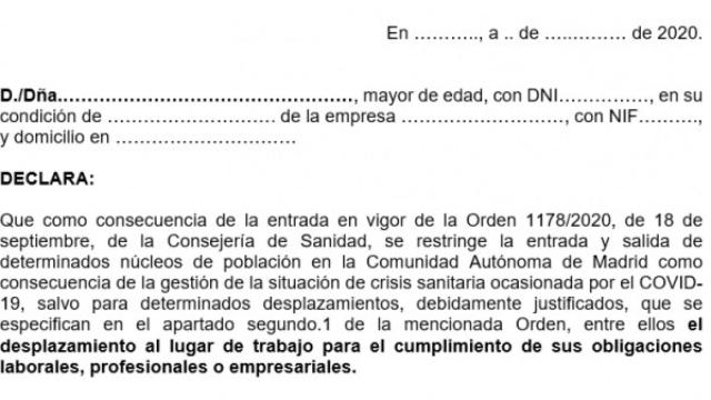 Certificado para justificar la entrada y salida de las 37 zonas restringidas.