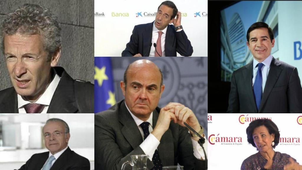 El juez José de la Mata, Gonzalo Gortázar, Carlos Torres Vila, Isidro Fainé, Luis de Guindos y Ana Botín.