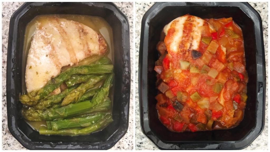 Así vienen las comidas, a la izquierda, el emperador con trigueros y a la derecha, la pechuga de pollo con pisto.