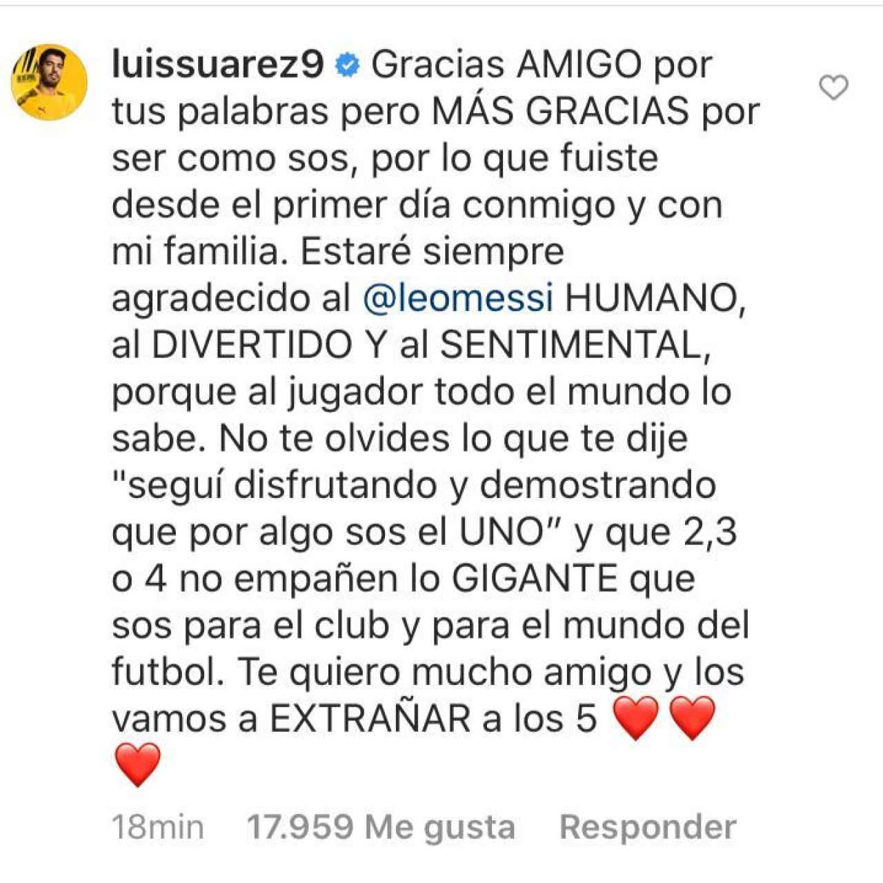 Respuesta de Suárez a la publicación de Messi