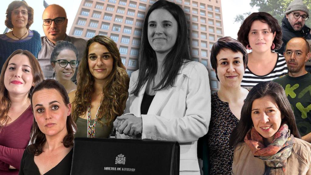 Irene Montero, en el centro, y Noelia Vera, Amanda Meyer, Clara Alonso, Teresa Arévalo, Alba González, María Naredo, Ángela Rodríguez, Bárbara Tardón, Jesús Generelo, Rubén Juste y Manel Ros. Menos Vera, todos son asesores.