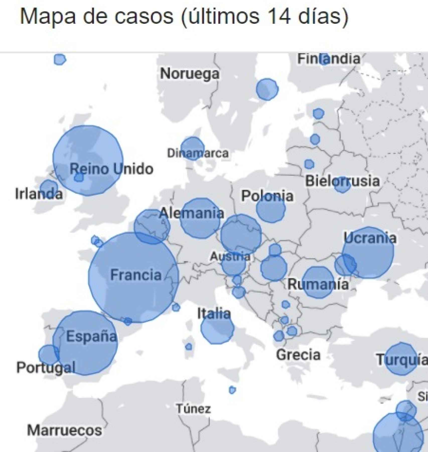 Mapa de casos en Europa en los últimos 14 días.