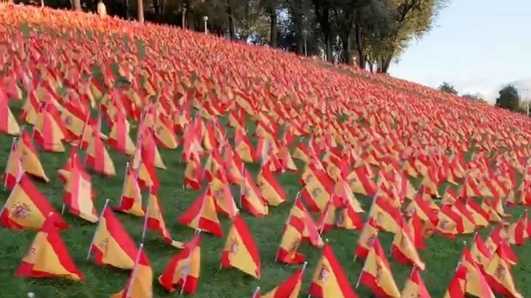 Imagen del Parque Roma de Madrid con las banderas colocadas por las víctimas de Covid.
