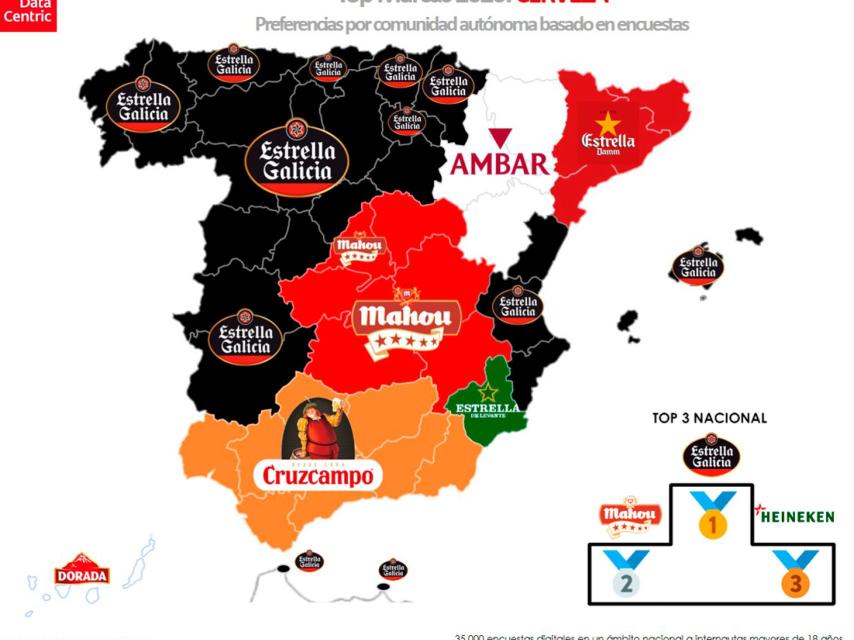 El mapa de las marcas favoritas de cerveza en España en 2020.