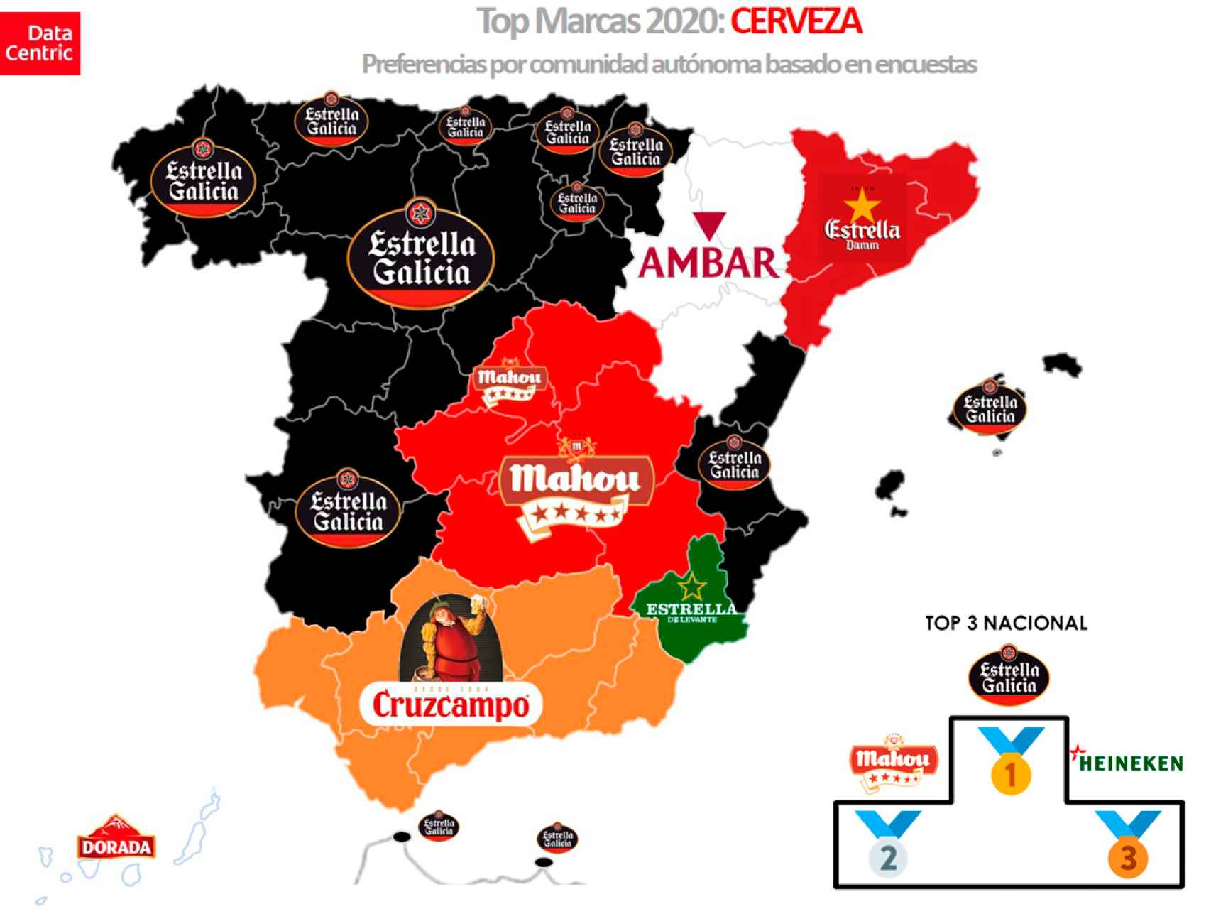 El mapa de las marcas favoritas de cerveza en España en 2020.