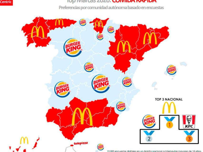 El mapa de las marcas favoritas de comida rápida en España en 2020.