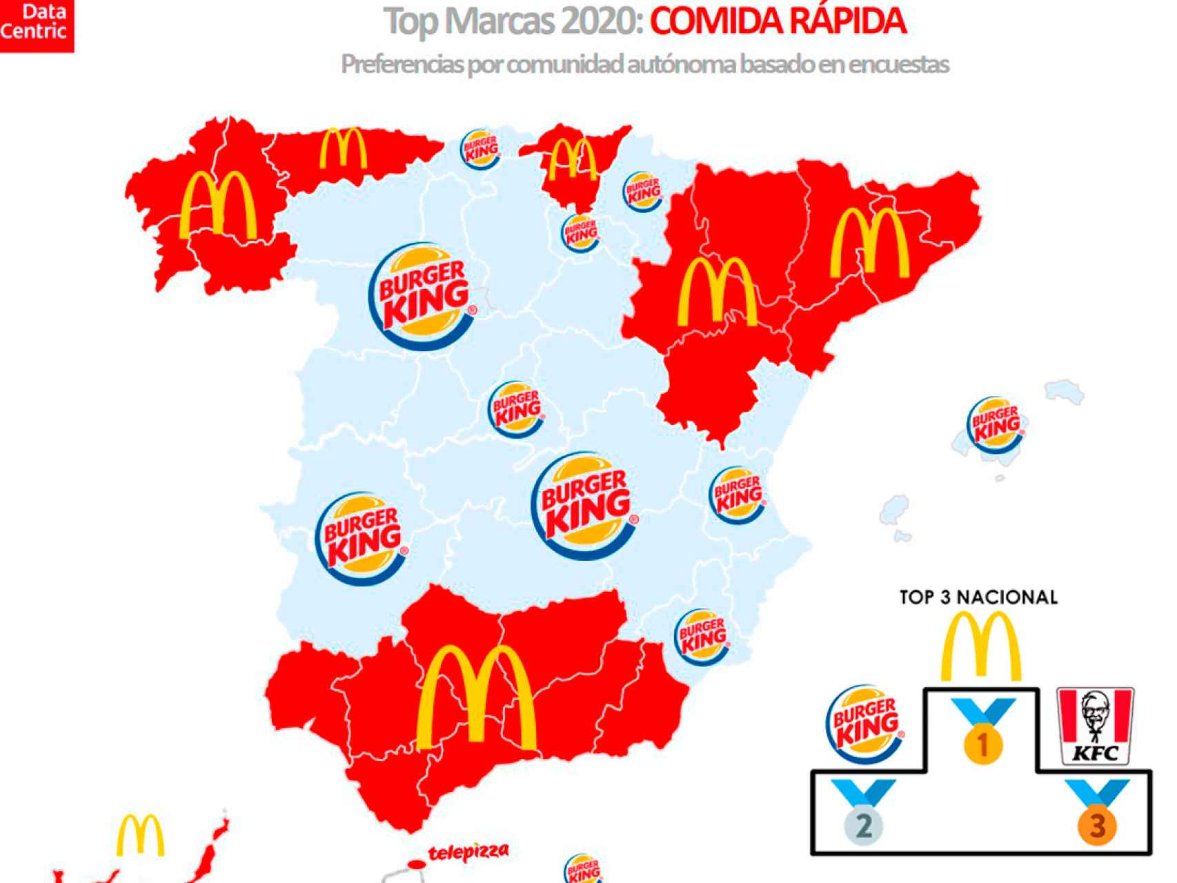 El mapa de las marcas favoritas de comida rápida en España en 2020.