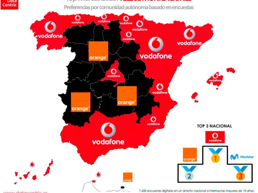 El mapa de las marcas favoritas de telecomunicaciones en España en 2020.