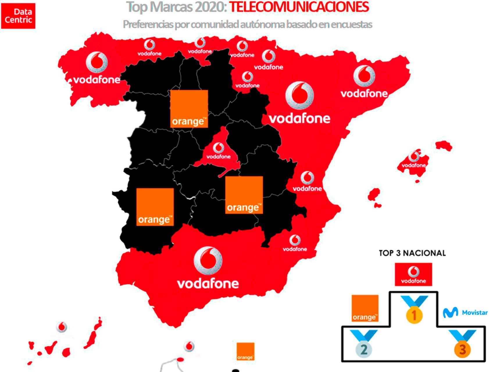 El mapa de las marcas favoritas de telecomunicaciones en España en 2020.