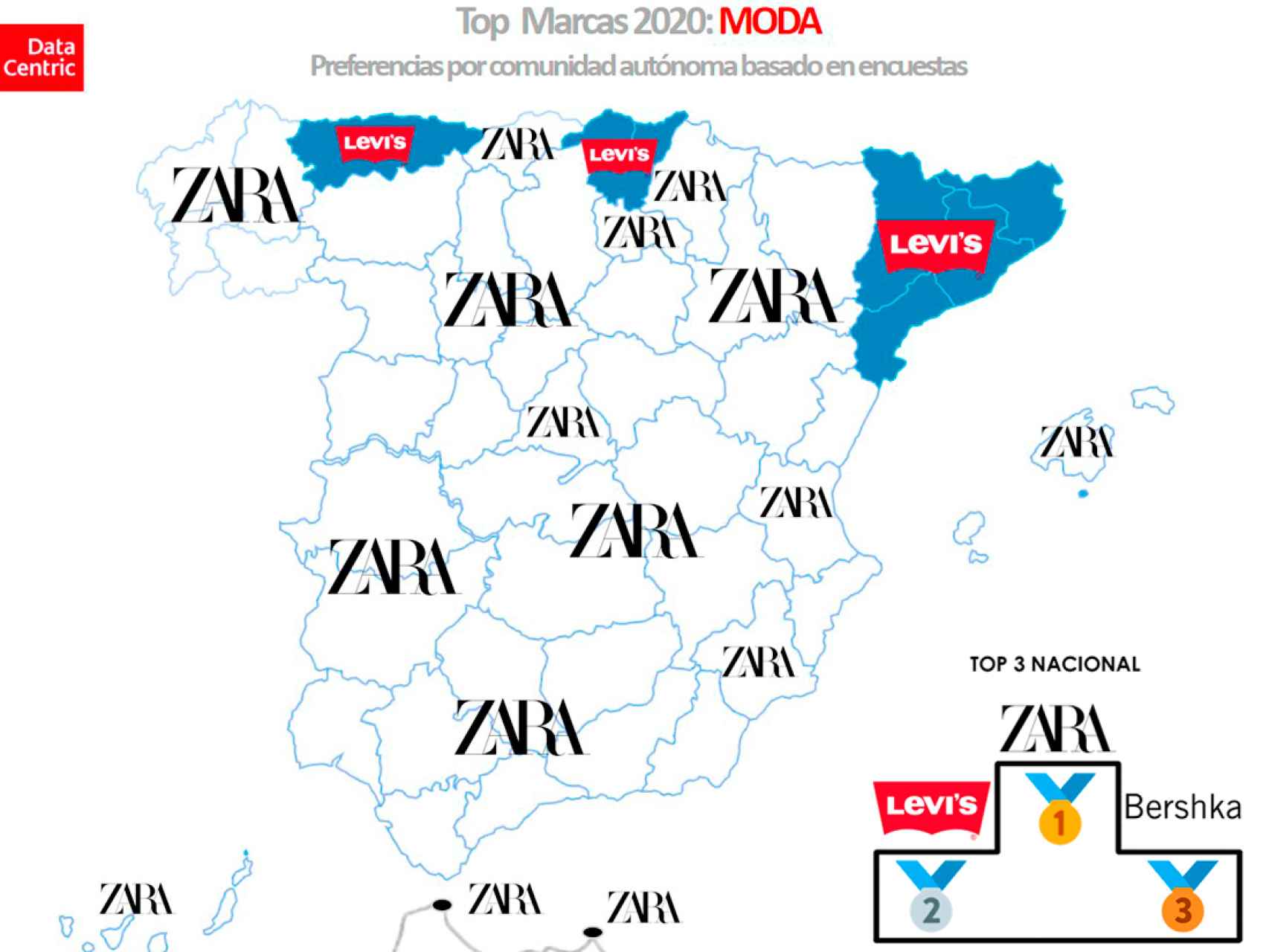El mapa de las marcas favoritas de moda en España en 2020.