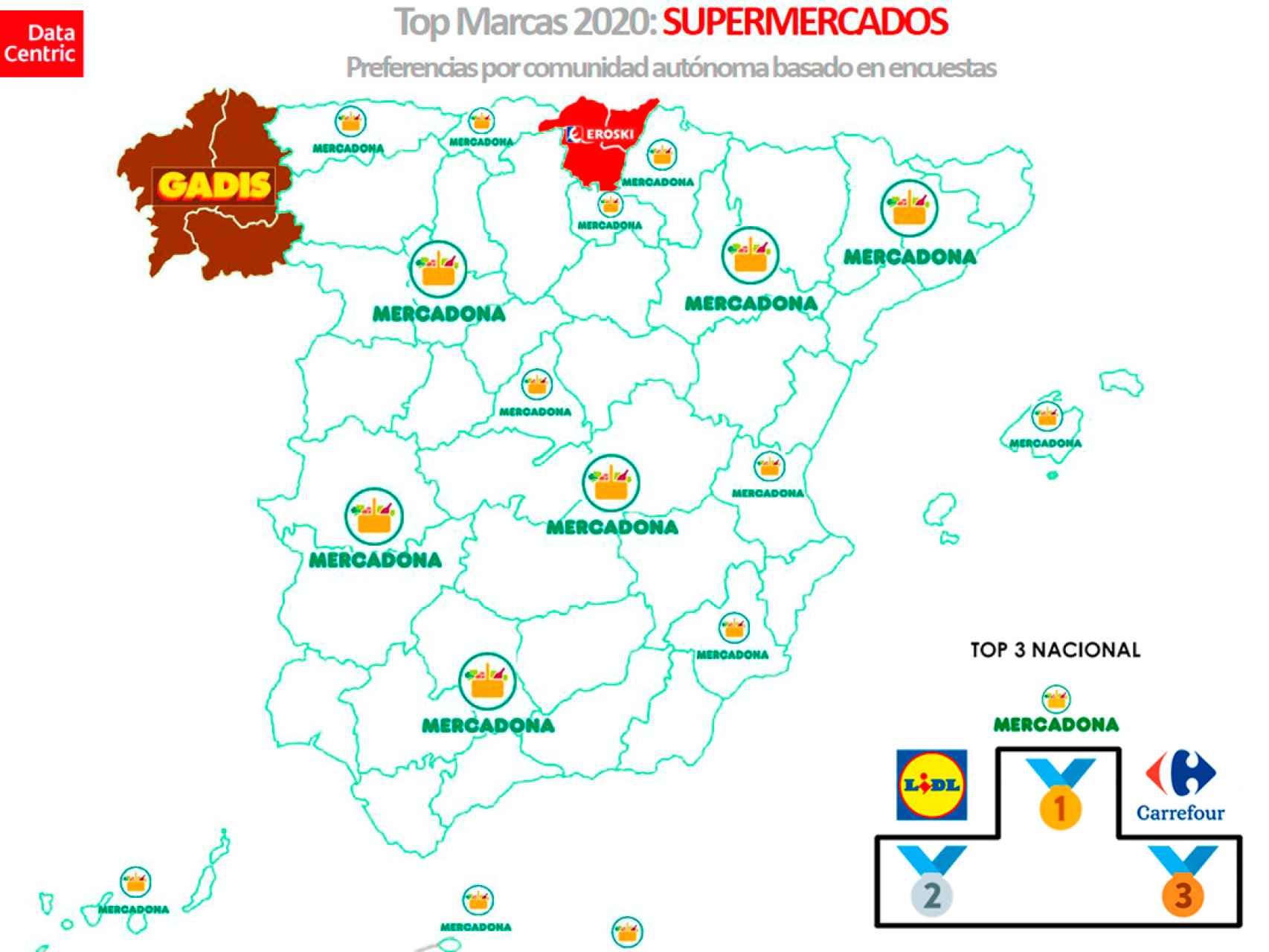 El mapa de las marcas favoritas de supermercados en España en 2020