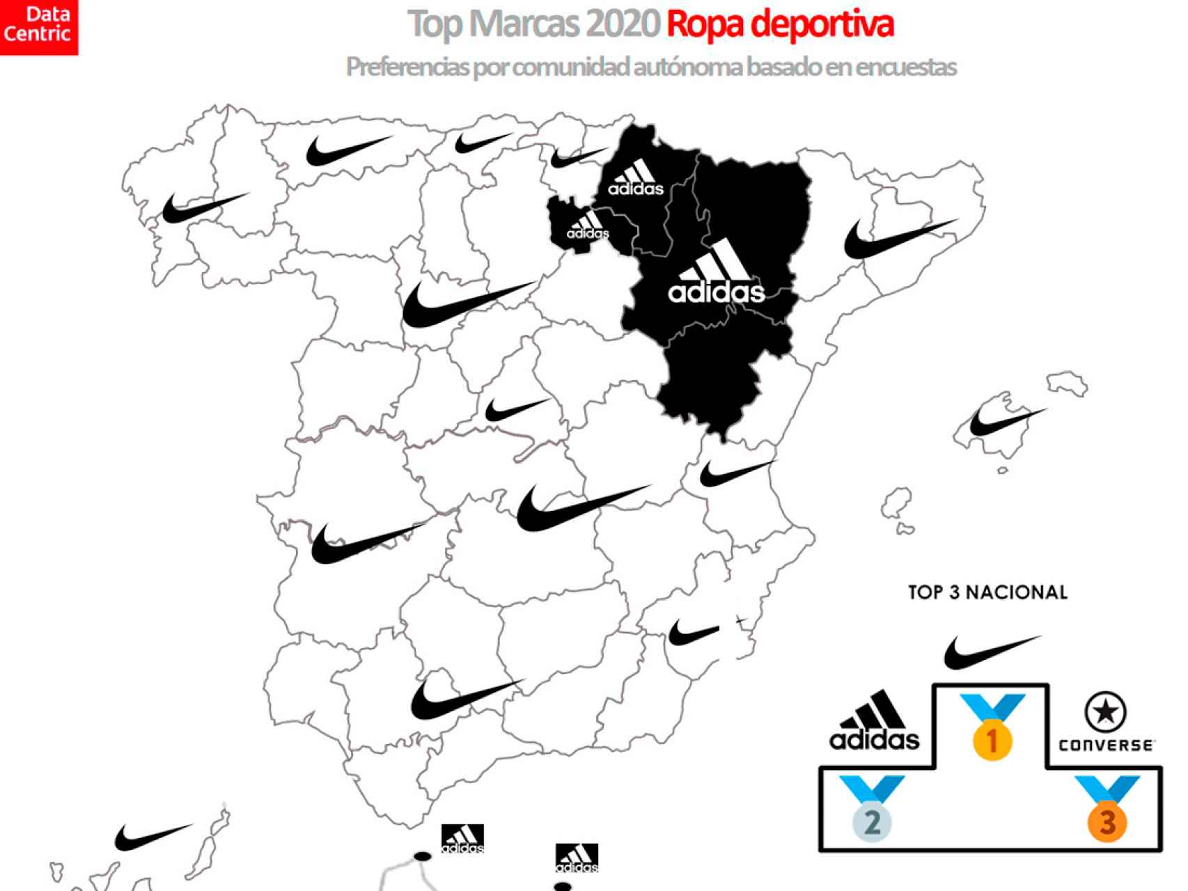 El mapa de las marcas favoritas de ropa deportiva en España en 2020.