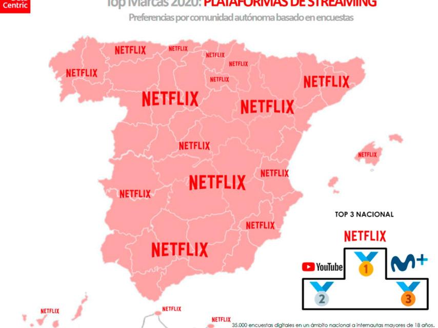 El mapa de las marcas favoritas de plataformas de 'streaming' en España en 2020.