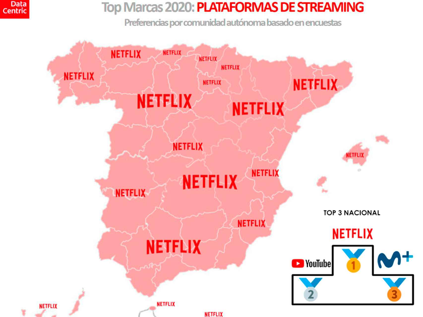 El mapa de las marcas favoritas de plataformas de 'streaming' en España en 2020.