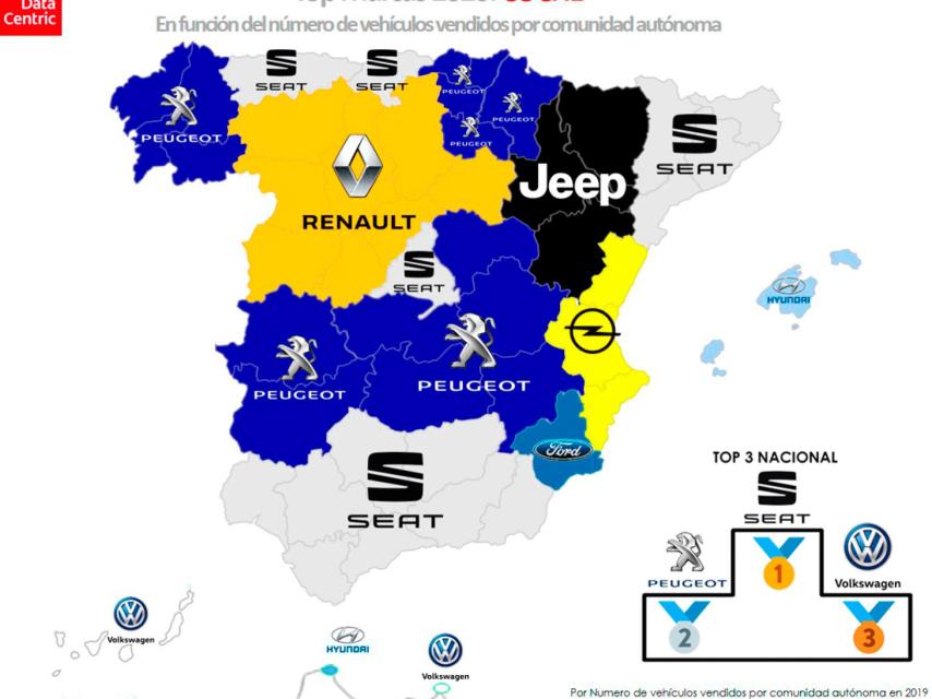 El mapa de las marcas de coche más vendidas por comunidades autónomas en 2020.