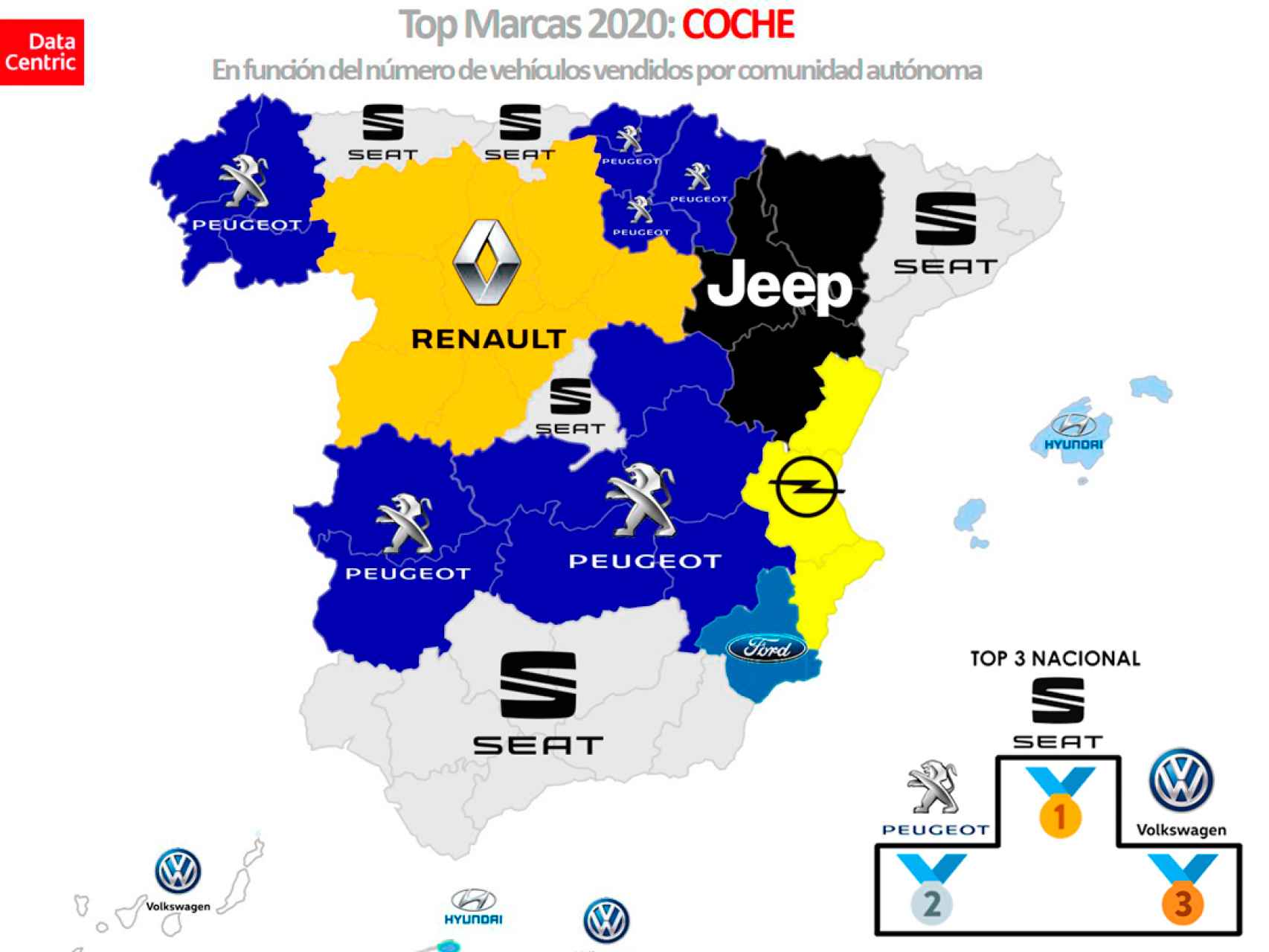 El mapa de las marcas de coche más vendidas por comunidades autónomas en 2020.