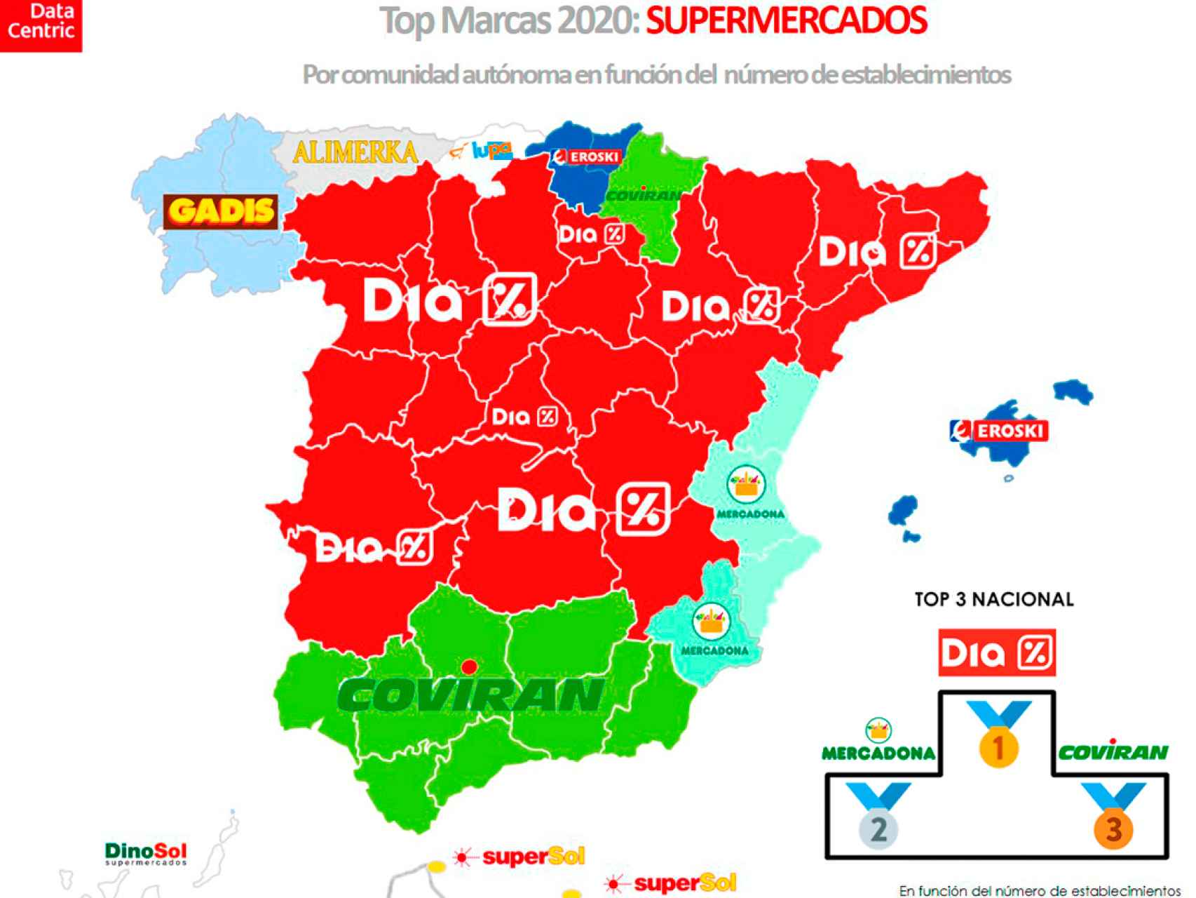 El mapa de las marcas con más número de supermercados en España en 2020.