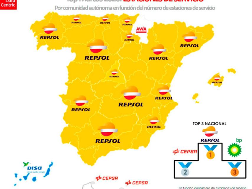 El mapa de las marcas con más número de gasolineras en España en 2020.