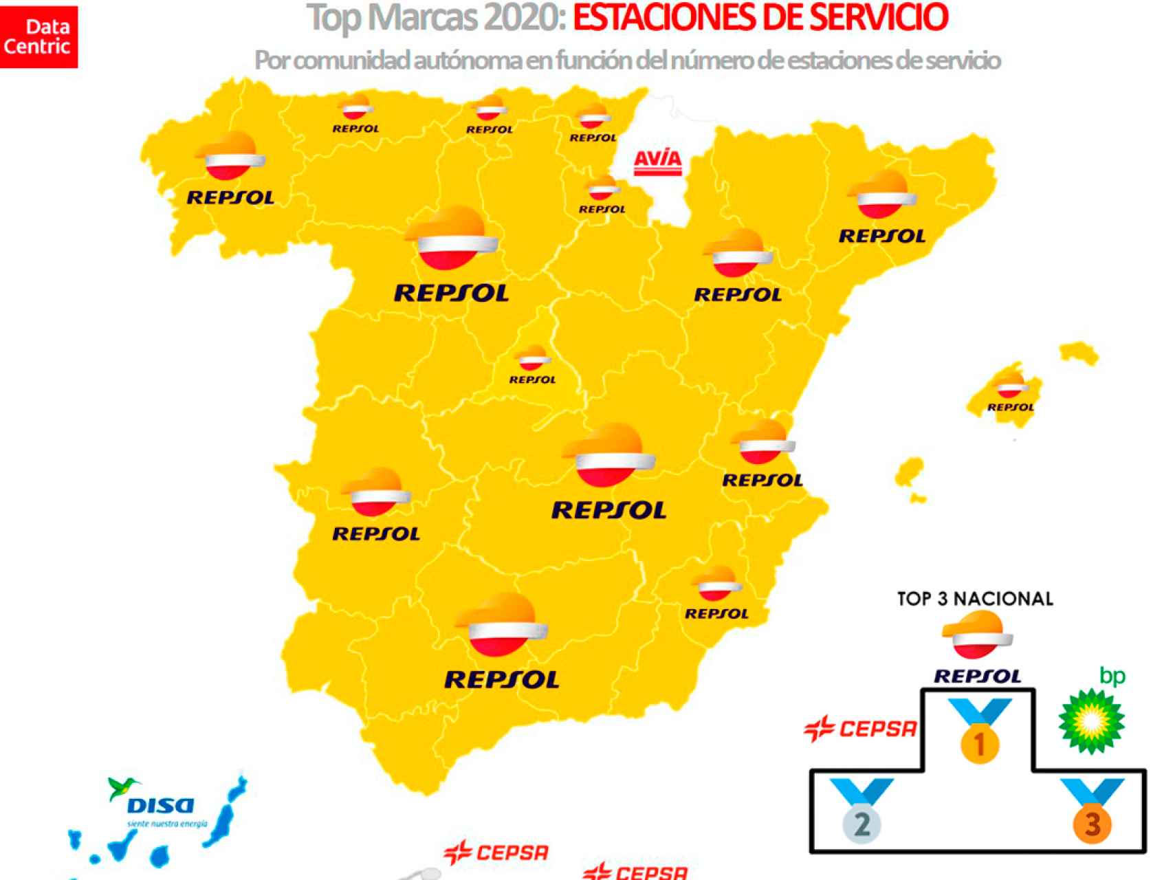 El mapa de las marcas con más número de gasolineras en España en 2020.
