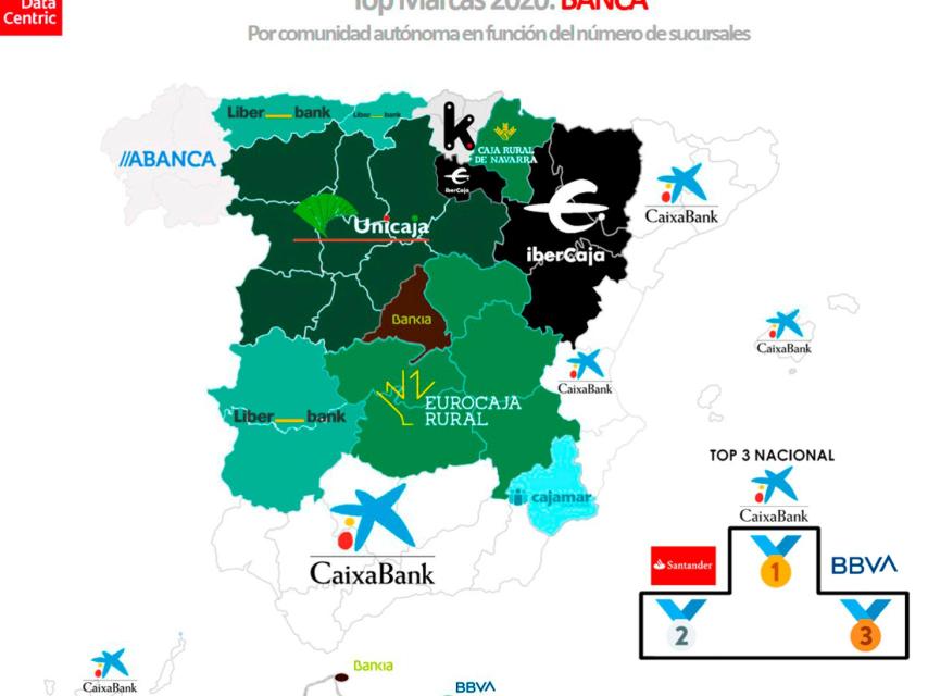 El mapa de los bancos con más sucursales por comunidades autónomas en 2020.