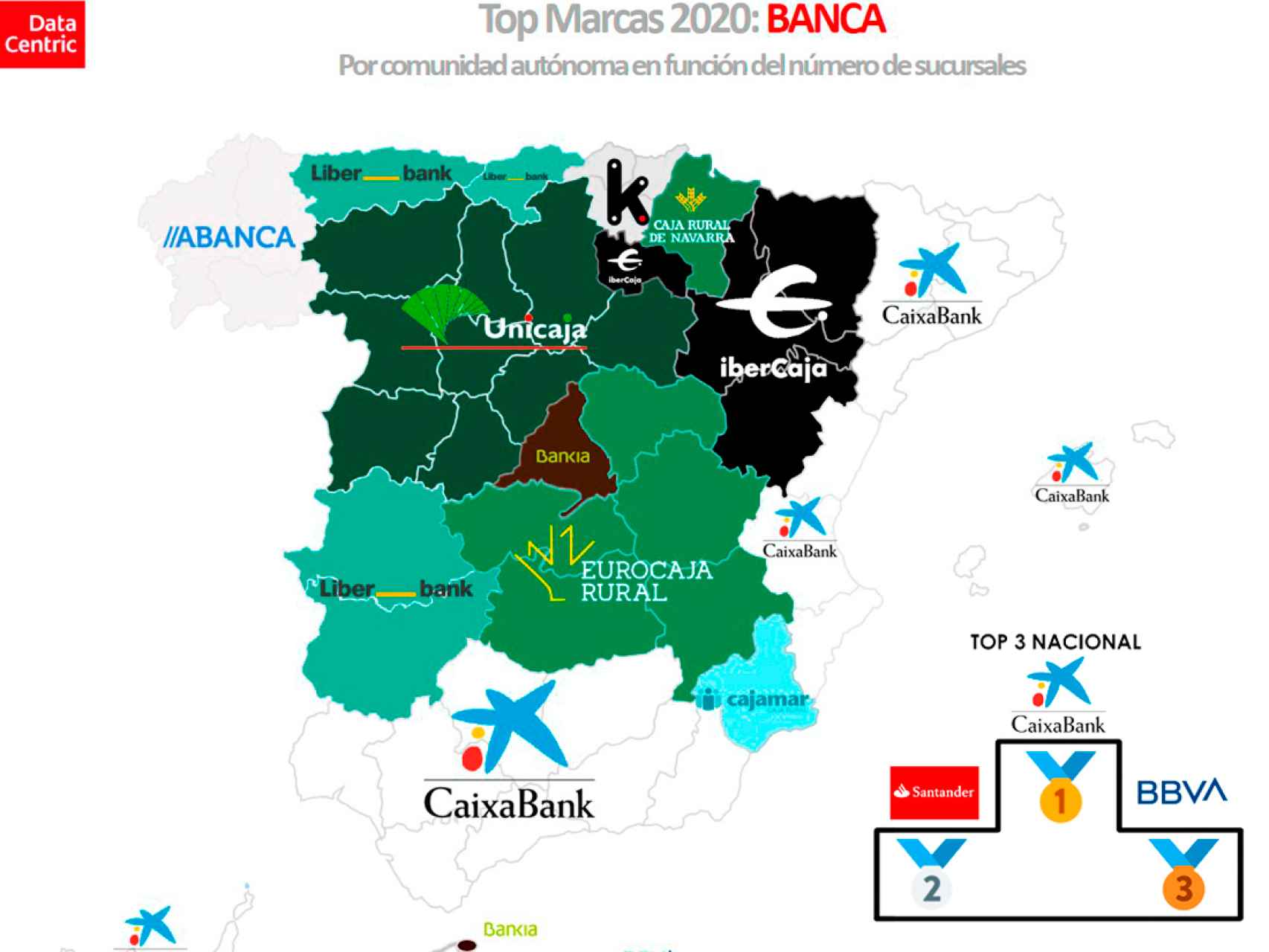 El mapa de los bancos con más sucursales por comunidades autónomas en 2020.