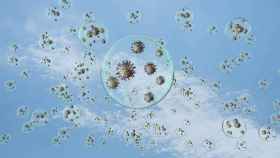 Recreación artística de coronavirus flotando en el aire dentro de gotitas. Adobe Stock / Agencia SINC