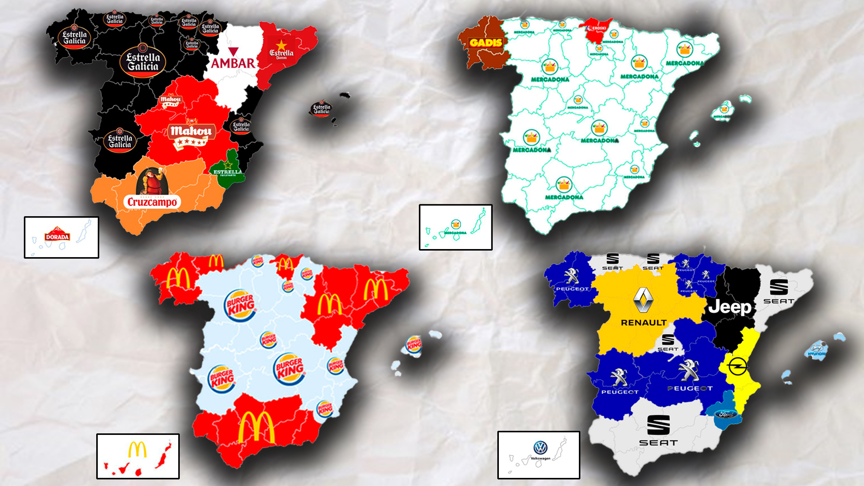Cuatro mapas por comunidades autónomas sobre las preferencias de los consumidores en cerveza, supermercados, comida rápida y marcas de coche.