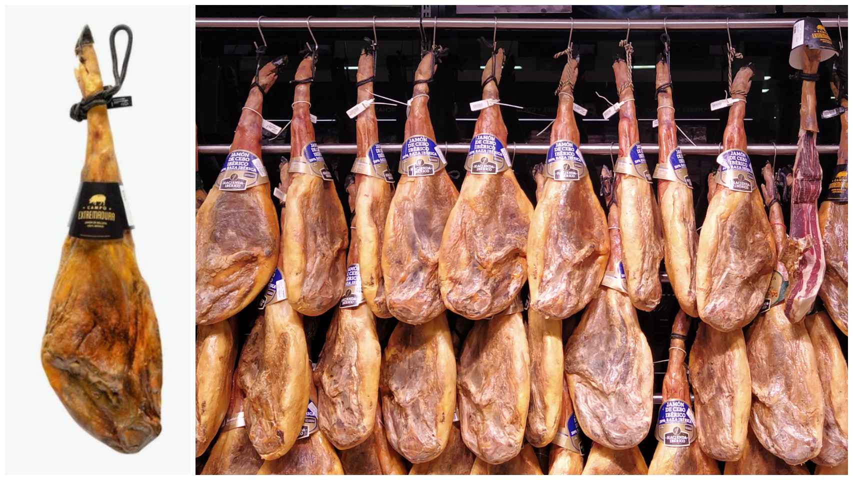 El jamón de bellota ibérico 100% Campo Extremadura y los de la charcutería del Mercadona visitado.