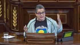 La diputada de ERC, María Carvalho Dantas, interviene en la tribuna del Congreso con una pegatina que reza fora Vox.