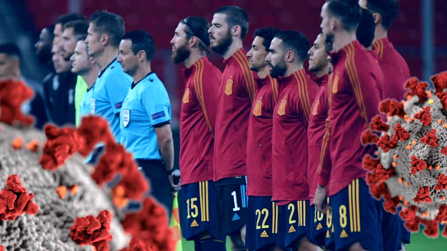 La selección española en un partido internacional en un fotomontaje