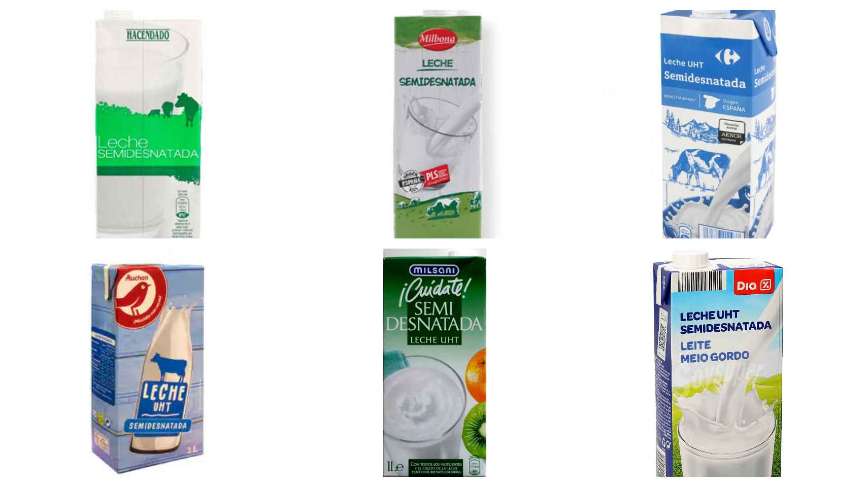 De arriba a abajo y de izquierda a derecha: la leche semidesnatada de Mercadona, Lidl, Carrefour, Alcampo, Aldi y Dia.