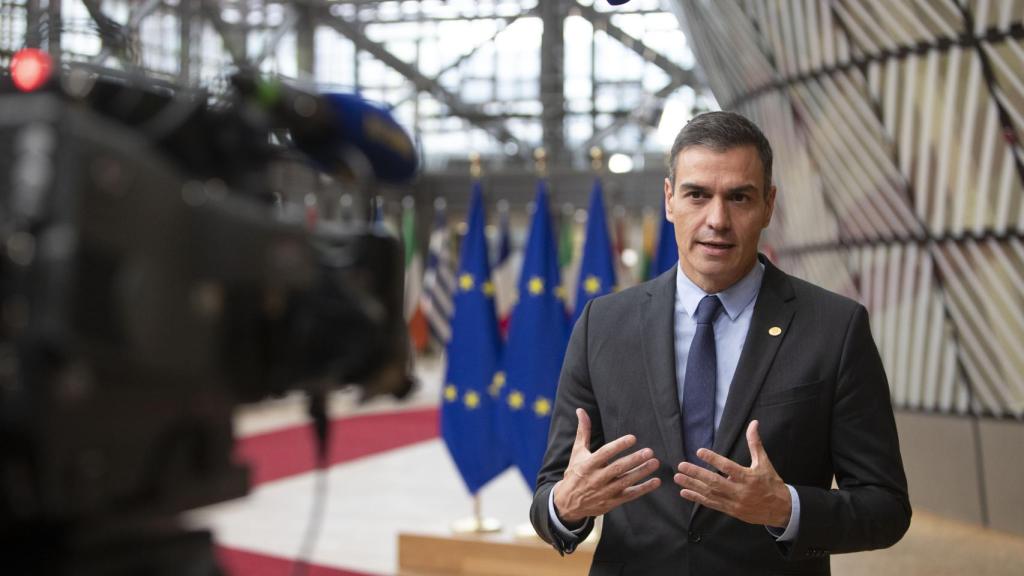 Pedro Sánchez, durante su declaración a la prensa este jueves en Bruselas