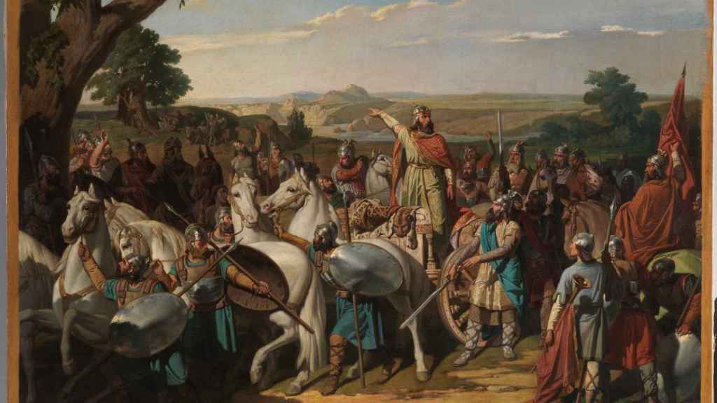 'El rey don Rodrigo arengando a los jefes de su ejército antes de dar la batalla del Guadalete', un cuadro de Bernardo Blanco y Pérez.
