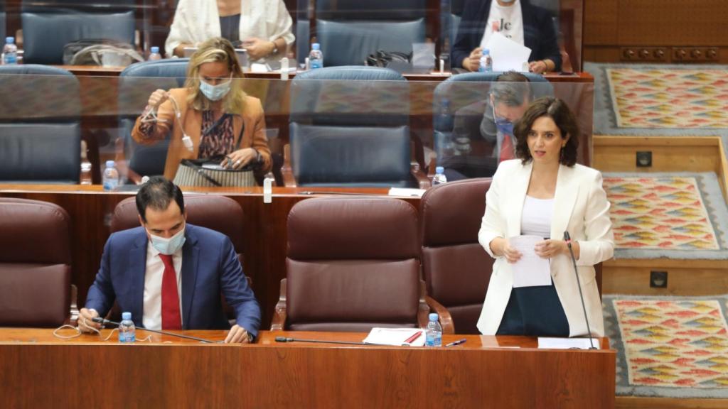 La presidenta de la Comunidad de Madrid, Isabel Díaz Ayuso, este jueves en la Asamblea de Madrid. Efe