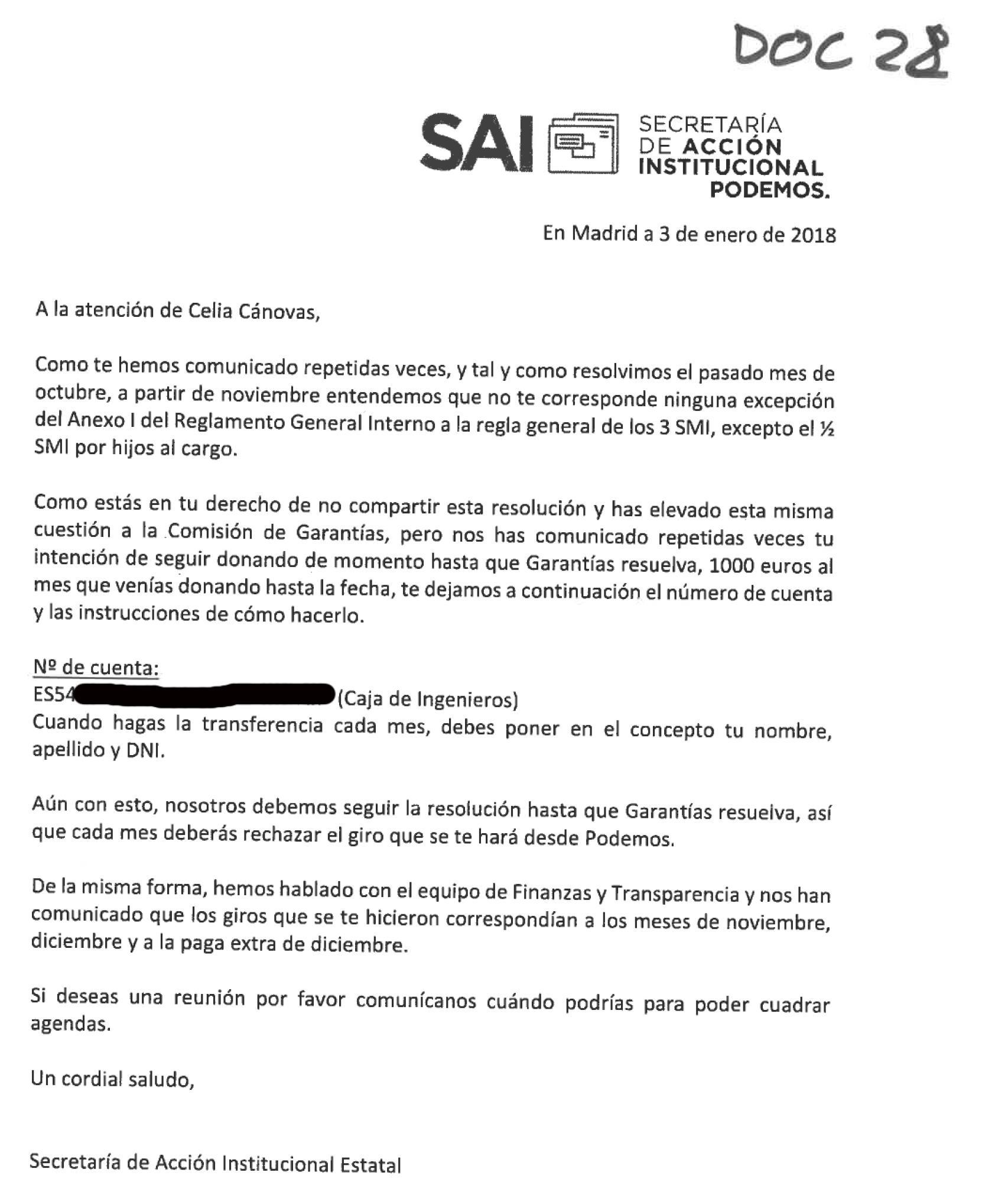 Carta de Gloria Elizo, secretaria de Acción Institucional de Podemos, a la exsenadora Celia Cánovas.