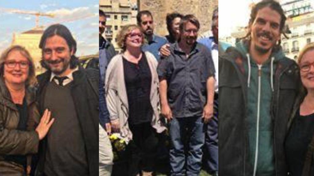 Celia Cánovas, con los dirigentes de Podemos Rafa Mayoral (i) y Alberto Rodríguez (d), y en campaña con Xavier Domènech.