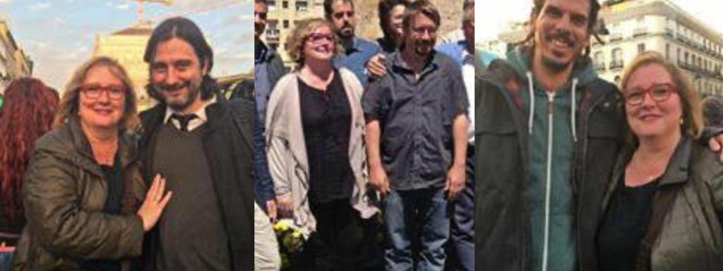 Celia Cánovas, con los dirigentes de Podemos Rafa Mayoral (i) y Alberto Rodríguez (d), y en campaña con Xavier Domènech.