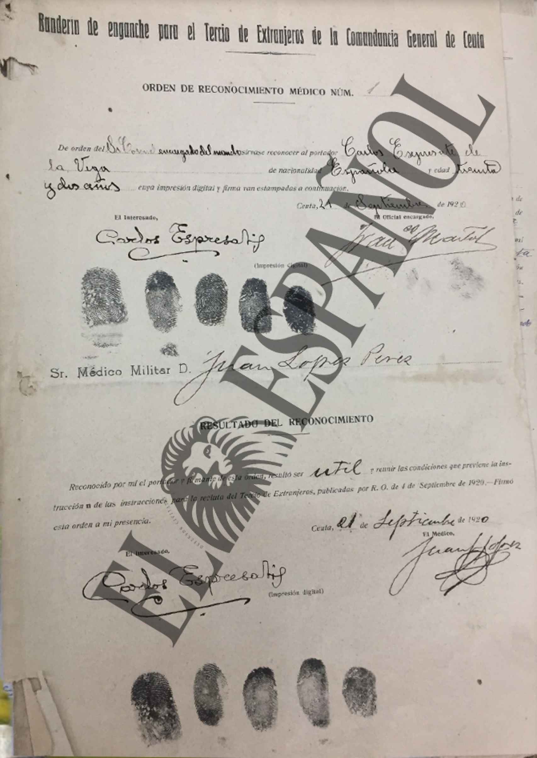 El documento oficial de Carlos Espresati de la Vega.