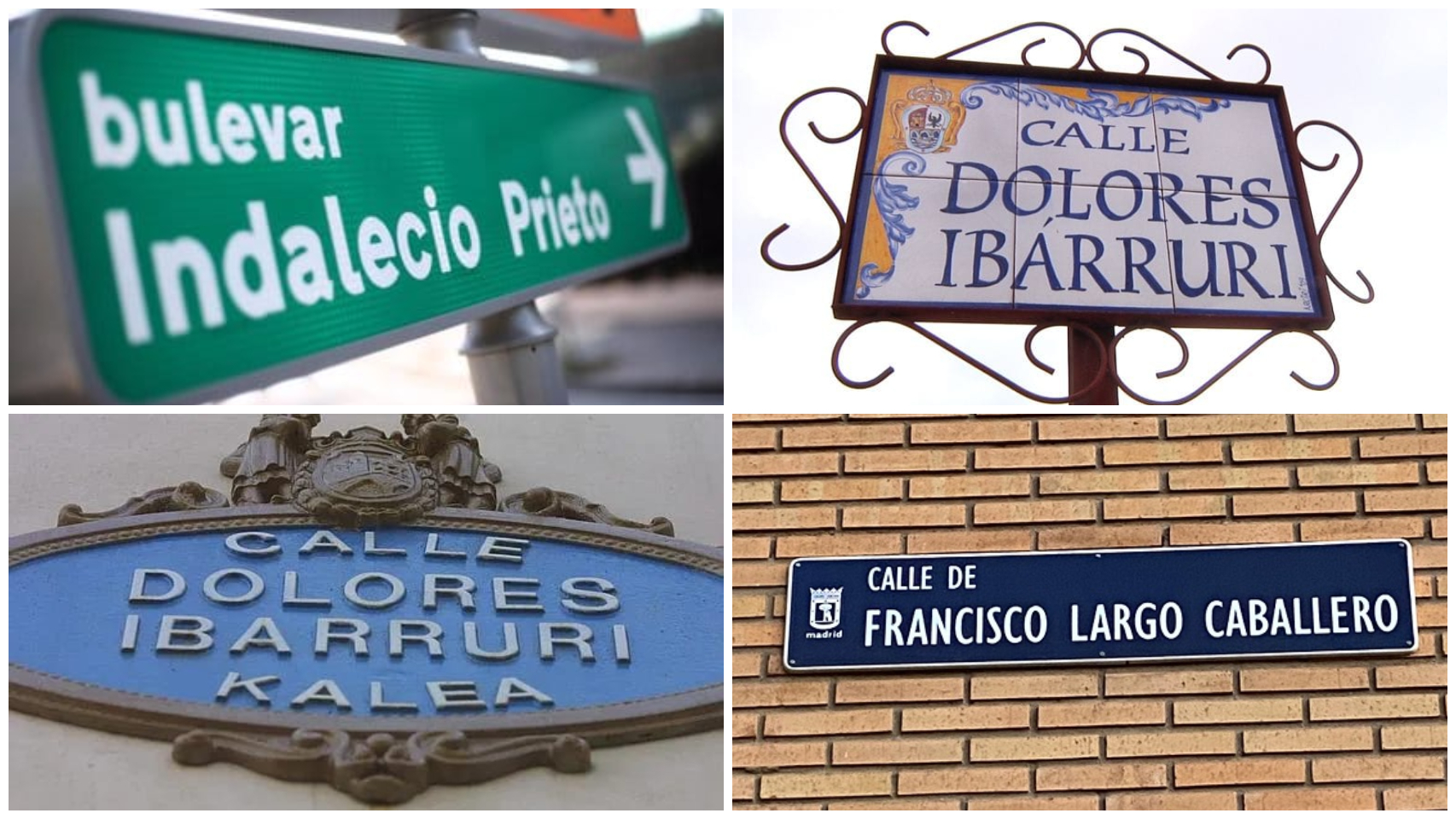 Cuatro señales de calles dedicadas a Indalecio Prieto, Dolores Ibárruri y Francisco Largo Caballero.