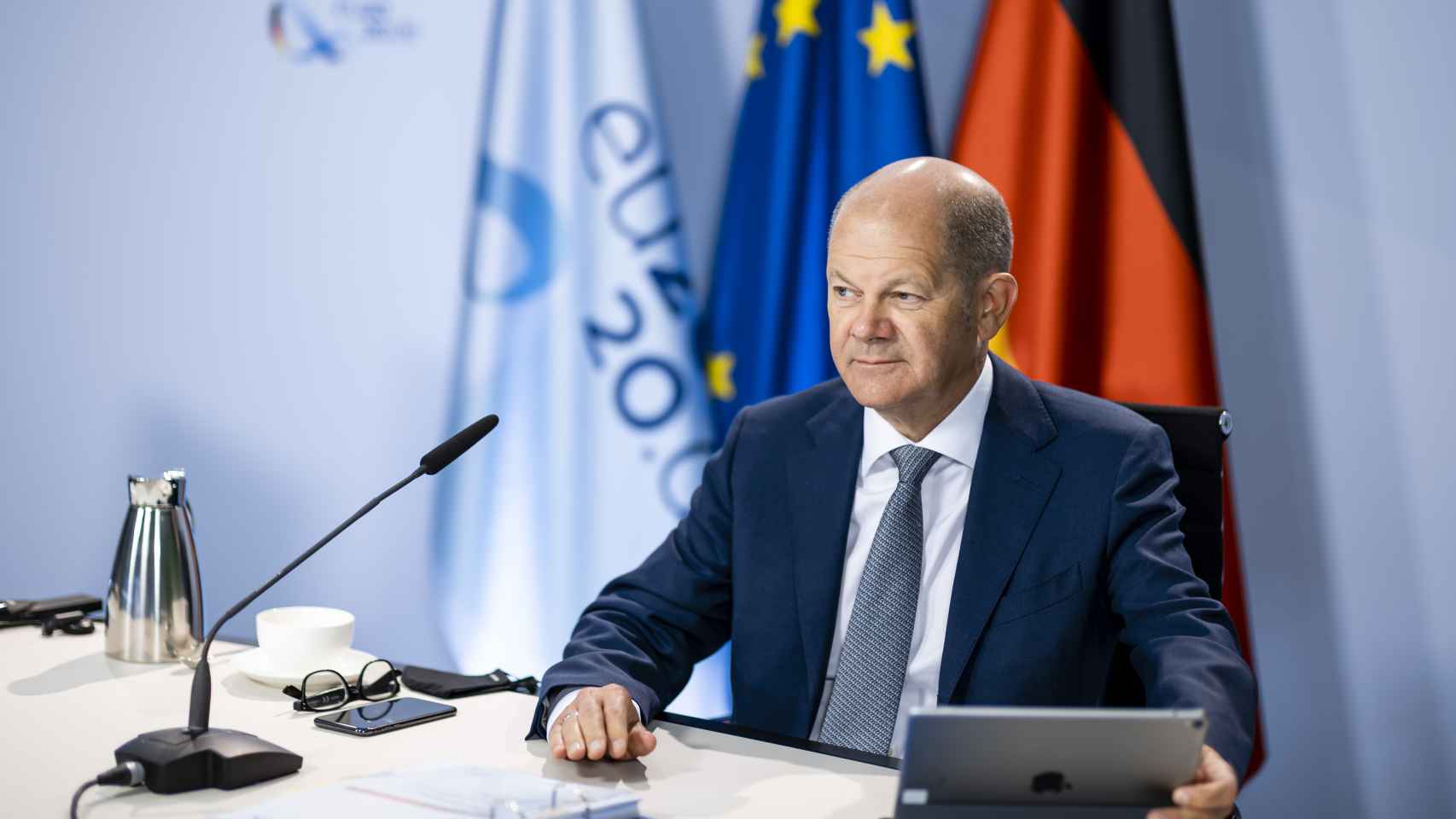 El presidente del Ecofin, Olaf Scholz, durante la videoconferencia de este martes
