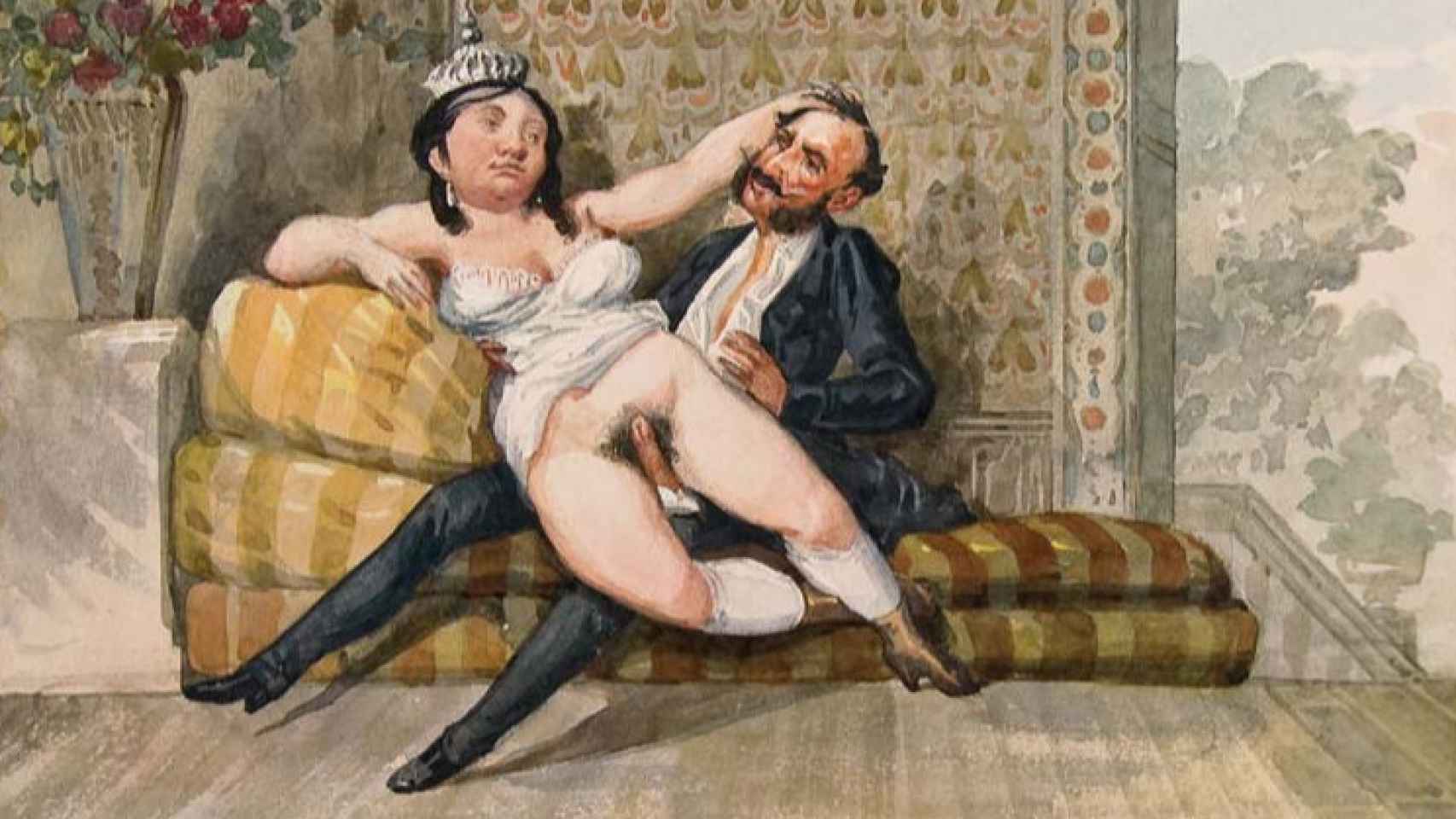 Isabel II y su amante Carlos Marfori en una de las acuarelas de 'Los Borbones en pelota'.