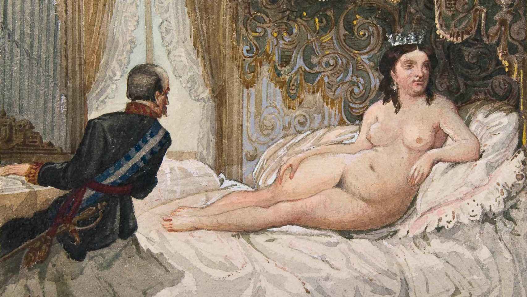 Escena que recuerda el cuadro 'Venus y la música', de Tiziano. Luis González Bravo, último presidente del Consejo de Ministros isabelino, interpreta al piano una pieza para Isabel II, desnuda sobre la cama.