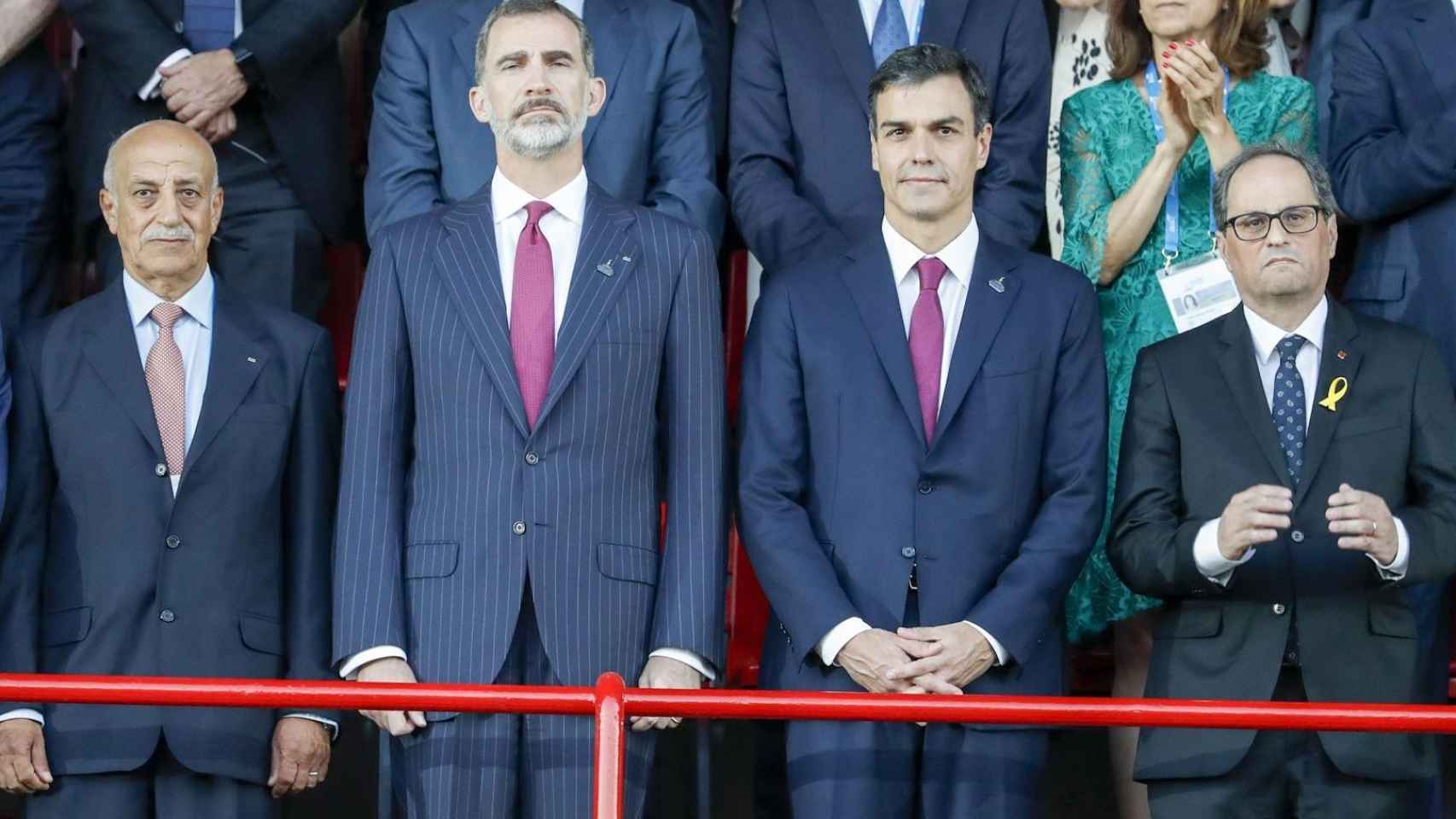Felipe VI, Pedro Sánchez y Quim Torra, durante la visita del monarca a Tarragona en 2018.