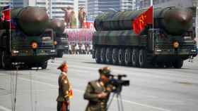 FILE PHOTO: ICBMs are driven past the stand with North Korean leader Kim Jong Un and other high-ranking officials during a military parade marking the 105th birth anniversary of country's founding father Kim Il Sung, in Pyongyang, North Korea