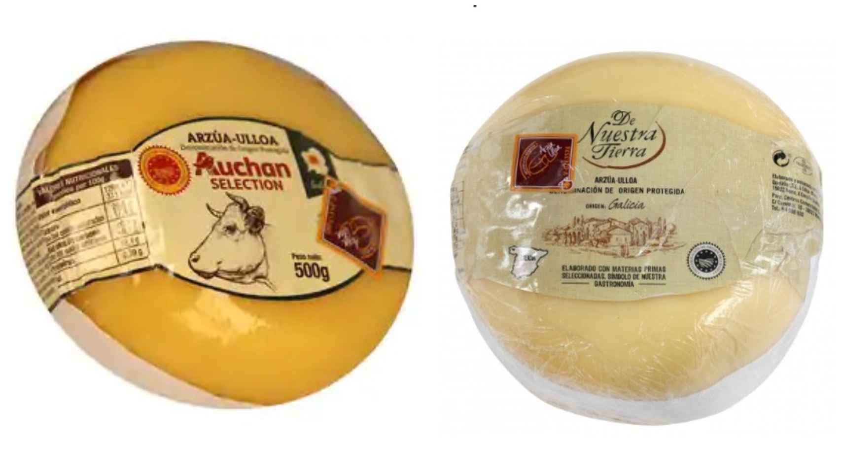 Dos quesos con D.O. Arzúa-Ulloa, comerciados por Alcampo y Carrefour.