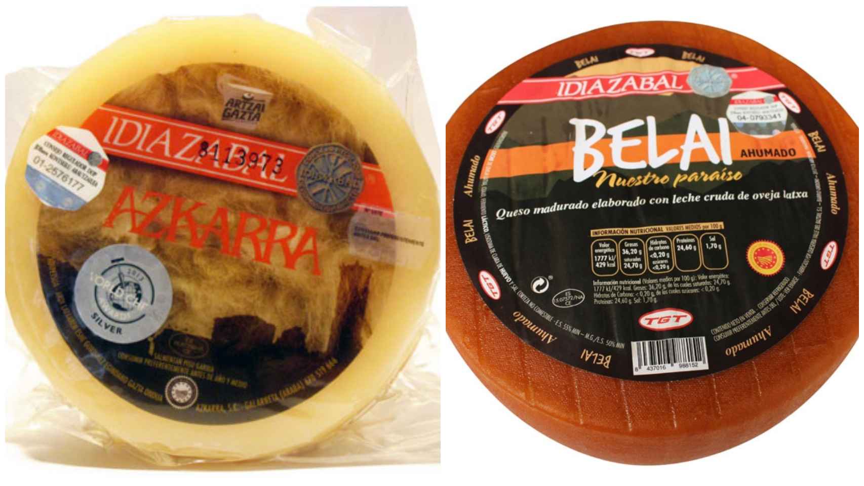 A la izquierda el queso premiado Azkarra y, a la derecha, el queso Belai, ambos con D.O. Idiazábal.